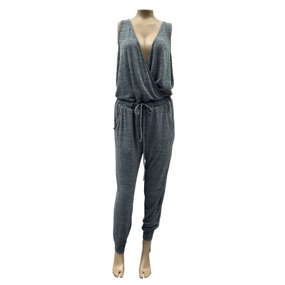 Aerie Grey Draped Wrap V-Neck Sleeveless Knit Jumpsuit Drawstring Waist Gray Wom - Picture 1 of 11